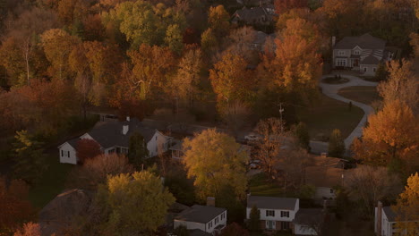 Drohne-Drängt-Im-Herbst-Auf-Häuser-Und-Bäume-In-Einem-Schönen-Viertel-Zu