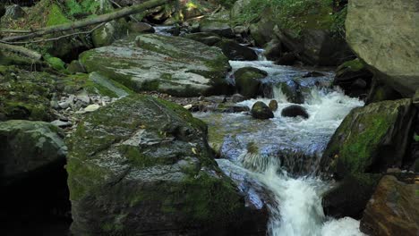 Gebirgsfluss,-Der-über-Felsen-Und-Felsbrocken-Im-Wald-Fließt,-Bistriski-Vintgar-Schlucht-Auf-Dem-Pohorje-Gebirge,-Slowenien,-Wahrzeichen-Des-Wander--Und-Outdoor-Tourismus,-Ökologie-Konzept-Für-Sauberes-Wasser,-Natürliche-Ressourcen