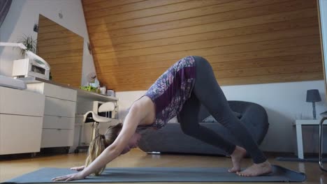 A-young-woman-stretches-in-the-downward-facing-dog-or-Adho-Mukha-Svanasana-pose-on-a-yoga-mat