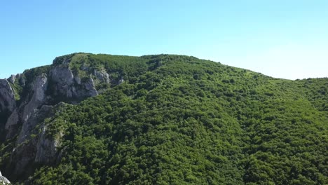 Blue-sky-and-lush-green-forest-add-to-the-amazing-scenery-around-Cheile-Turzii,-or-Turda-Gorge,-near-Transylvania,-Romania