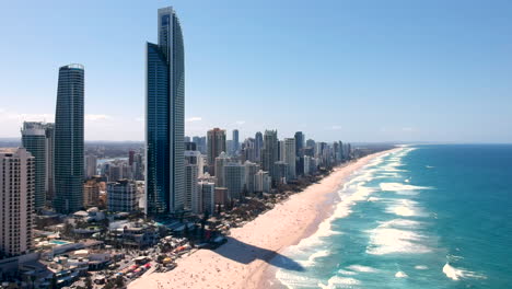Aerial-view-of-skyline-and-beach-at-Surfers-Paradise,-Gold-Coast,-Australia