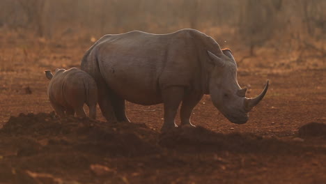 A-female-rhino-and-her-calf,-Ceratherium-simun-slowly-mill-around-a-waterhole-in-the-late-afternoon-waiting-to-drink-at-Zimanga-private-game-reserve-in-the