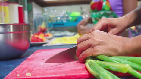 Close-up-of-a-woman’s-hands-and-a-knife-cutting-up-colorful-fruit-and-vegetables-in-Punta-Banco,-Costa-Rica