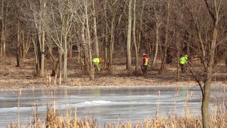 A-couple-forest-preserve-professionals-are-trimming-and-cutting-trees-and-branches-near-a-frozen-pond
