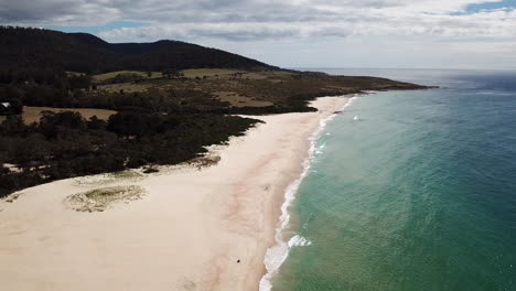 Drone-Pan-Over-White-Sand-Beach-Surrounded-By-Trees-With-Waves-Rolling-In,-Tasmania-Australia
