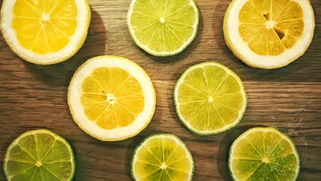 Lemon-slices-over-wooden-table-top-view-with-cinema-graphics-endless-motion
