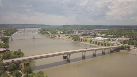Aerial-shot-panning-bridge's-over-the-Arkansas-river-downtown-Little-Rock-Arkansas