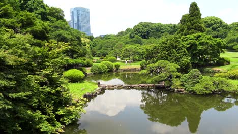 Der-Blick-Auf-Den-See-Mit-Völkern-Und-Baumreflexion-Im-Nationalgarten-Shinjuku-Gyoen