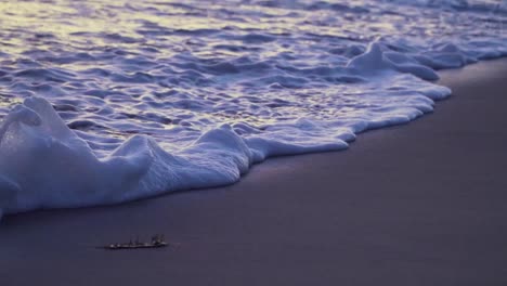 Foamy-waves-coming-onto-sandy-beach-during-golden-hour-creating-amazing-colors-in-the-wet-sand-reflection