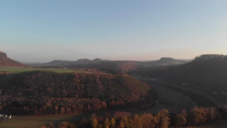 AERIAL:-Sunset-of-Sandstone-mountains-and-Elbe-river-of-Saxon-Switzerland