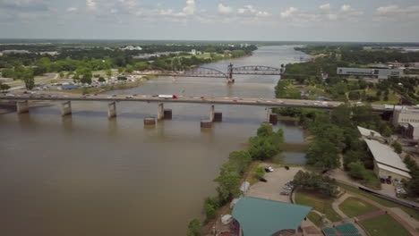 Aerial-shot-panning-I-40-bridge-over-the-Arkansas-river-downtown-Little-Rock-Arkansas