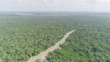 Aerial-shot-of-amazonian-river-and-jungle,-very-high-with-horizon
