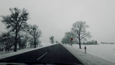 Pov-Fahrzeug-Fahren-Landschaft-Nass-Straße-Winterlandschaft-Schnee-Wald-Kahle-Bäume-Dreckig-Fenster-Gopro-Sicht-Auto-Reisen-Bewölkter-Himmel