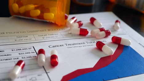 Pills-and-medicine-on-a-prop-medical-insurance-form-showing-expensive-cancer-treatment-and-healthcare-costs