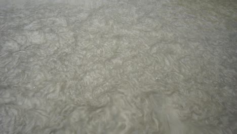 woden-stick-pass-in-the-frame-and-moves-the-water-in-a-grey-muddy-puddle,-top-shot