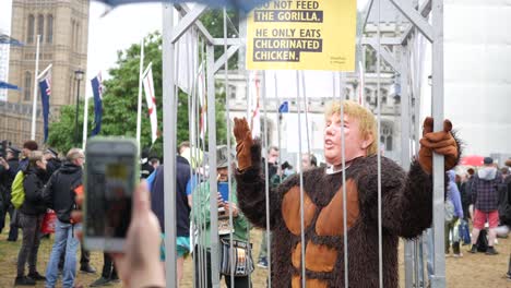Donald-Trump-protester-in-a-gorilla-costume-with-face-mask,-in-a-cage,-at-the-Together-against-Trump-protest-in-central-London-during-the-Trump-visit-to-the-UK