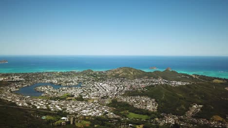 Panoramic-Drone-View-of-Kailua-and-Kaneohe-and-the-beautiful-coastline-of-Oahu
