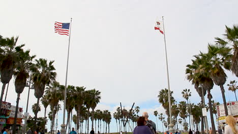 Bandera-Americana,-Bandera-De-California,-Palmeras-Y-Turista-En-La-Playa-De-Venice
