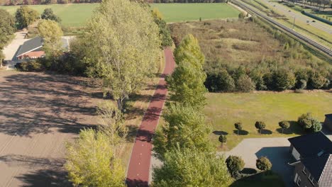 Tilt-up-aerial-movement-looking-down-upon-a-bicycle-highway-in-The-Netherlands-in-a-suburban-environment-with-tall-autumn-trees-along-the-side