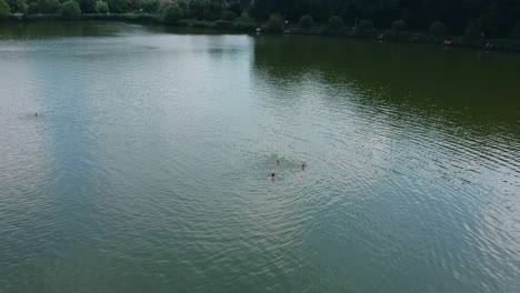 Flying-over-swimming-people-at-the-lake-of-Bánk,-Nógrád-County,-Hungary