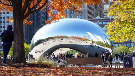 Slow-Shutter-motion-time-lapse-of-people-enjoying-Anish-Kapoor's-Cloud-Gate-in-Chicago's-Millennium-Park-with-all-the-fantastic-Fall-leaves-in-the-trees-and-on-the-ground-in-November