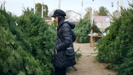 Una-Mujer-Hispana-Comprando-Una-Decoración-Navideña-De-Temporada-En-Un-Lote-Con-Muchas-Especies-De-árboles-Festivos
