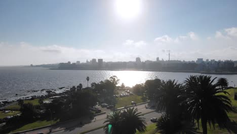 Luftaufnahmen-Von-Drohnen,-Landschaftspark,-Rambla-Park,-Rodo,-Montevideo,-Uruguay