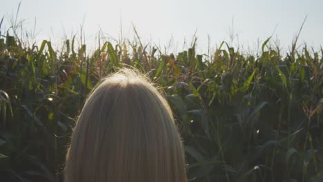Slow-motion-shot-of-blonde-woman-standing-in-front-of-corn-field-and-enjoys-the-sun