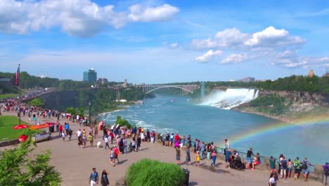 Stunning-view-above-Niagara-Falls,-with-a-rainbow-in-the-background