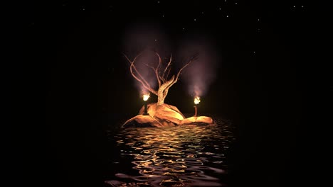 torch-fires-on-rocks-with-leafless-acacia-tree,-water-reflections,-particles,-and-glowing-stars-animation
