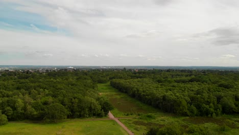 Aerial-view-of-Wimbledon-Common-with-a-view-of-London-city,-drone-descending,-establish-shot