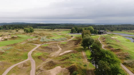 Sand-Golf-Club-on-a-cloudy-day-in-Sweden,-aerial