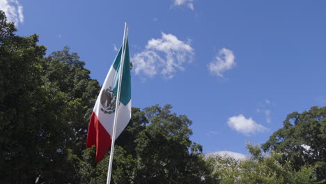 A-large-Mexican-flag-surrounded-by-trees-blowing-in-the-wind-in-at-the-Zocalo-in-Oaxaca,-Mexico