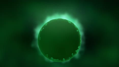 Halo-Verde-Brillante-Detrás-De-Un-Planeta-Abstracto-Que-Fluye-En-El-Espacio-Con-Nubes-De-Gas-En-Movimiento