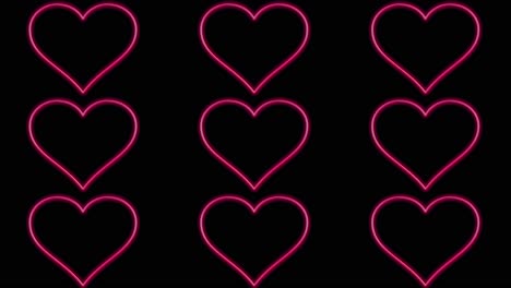Many-blinking-pink-hearts,-animation-graphic-symbol-on-black-background-screen,static