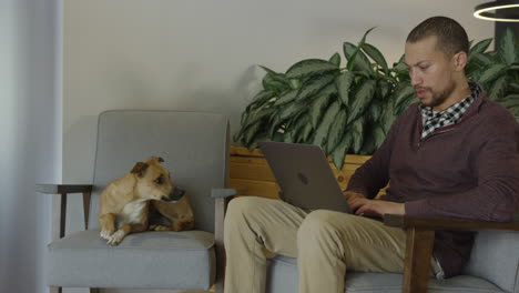 African-american-man-with-his-dog-at-high-tech-job