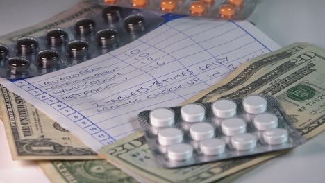 Toma-Cercana-De-Prescripción-Médica-Con-Dólares-Estadounidenses-Y-Medicamentos-Recetados