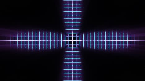 Cross-moving-up-as-light-form-blue-lines-in-pulse-waves,-3d-cgi-rendered-graphic-animation