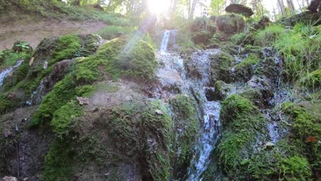 Sunlight-falling-on-forest-waterfall,-slow-motion
