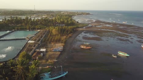 Aerial-backward-shot-of-Java-shoreline-with-boats-at-low-tide