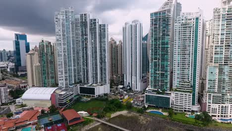 Aerial-drone-footage-Panama-City-skyline-with-an-artificial-island