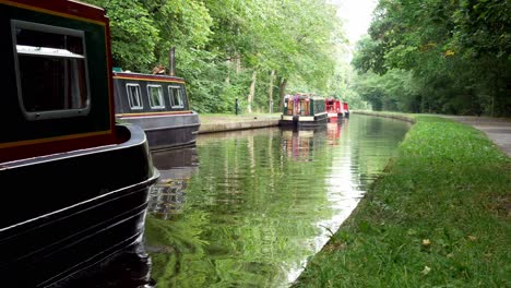 Britisches-Staycation-Kanalboot,-Das-Schmale,-Malerische-Waldwasserstraßenspiegelungen-Steuert
