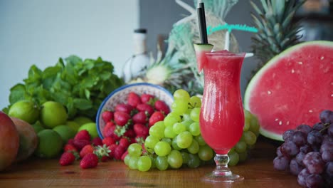Wide-shot-of-freshly-made-smoothies-and-tasty-juicy-fresh-fruits