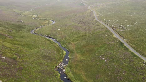 Aerial-Shot-Of-Narrow-Stream-And-Asphalt-Road-Between-Lush-Fields-In-The-Wicklow-Mountains,-Ireland