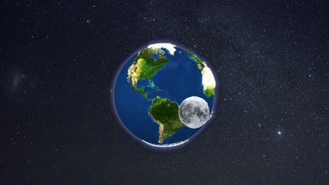 Die-Erde-Dreht-Sich-Und-Der-Mond-Umkreist-Den-Weltraum-Mit-Einer-3D-Rendering-Schleife-Mit-Sternenhimmel-Und-Milchstraße