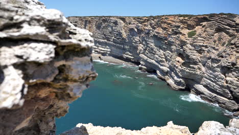 Scenic-Coastline-of-Sagres,-Algarve,-Portugal,-Slow-Motion-Panning-Revealing-Cliffside-Beach