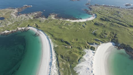 Flying-Over-The-Dog's-Bay-Beach-With-The-Gurteen-Beach-On-A-Sunny-Summer-Day-By-The-Lush-Green-Meadow-In-Roundstone,-County-Galway,-Connemara,-Ireland
