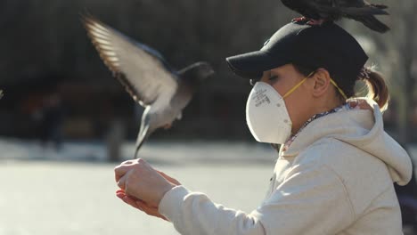 Young-Woman-With-Face-Mask-and-Hat-Having-Fun-With-Park-Pigeons-on-Arms-and-Head-on-Sunny-Day-During-Covid-19-Virus-Pandemic-60fps