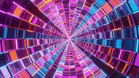 Motion-graphics-sci-fi:-traveling-inside-futuristic-spaceship-corridor-of-colorful-brick-patterns-and-straight-lines-towards-two-white-circles