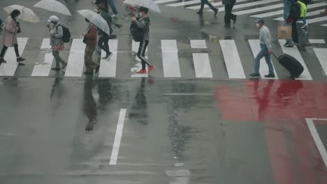 Peatones-Con-Paraguas-Caminando-En-El-Cruce-De-Shibuya-En-Un-Día-Lluvioso-En-Tokio,-Japón